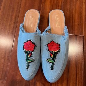 Denim Mule Shoes Rose Embroidered Studs Yoki Willas-71 Light Blue New Size 9